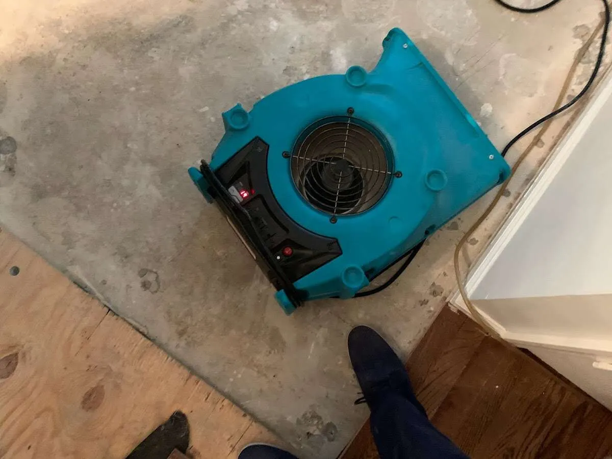 Air mover drying subfloor during Leak Detection & Repair in Speedway